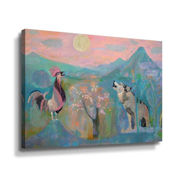 Ebern Designs Gianluca The Wolf And The Rooster Sing By Moonlight
