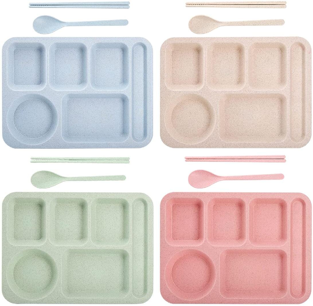 Baby Divided Plate Kids 3 Compartment Food Tray Straw Children Dinner TablewareF 