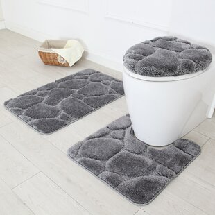 Durable Three Piece Set Toilet Seat Rug Bathroom Accessories Grey Floor Mat BL 