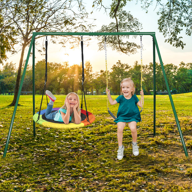 Klo Kick 440lbs 2 Seat Swing Set Saucer Swing Seat And Belt Swing Seat With Heavy Duty A Frame Metal Swing Stand Reviews Wayfair
