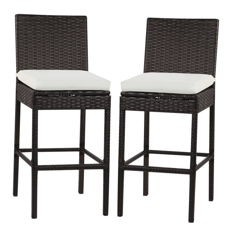 Set of 2 Outdoor Wicker Bar Stool Armless,Beige Cushion for Pool Garden Backyard Rattan Bar Chair All Weather Patio Height Barstools Furniture with Footrest Deck 