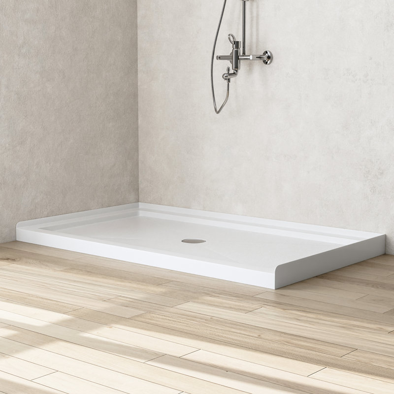 60''W Shower Base in White with Single Threshold Shower Pan, Non-slip Design Size: 3.5" H x 60" W x 34" D