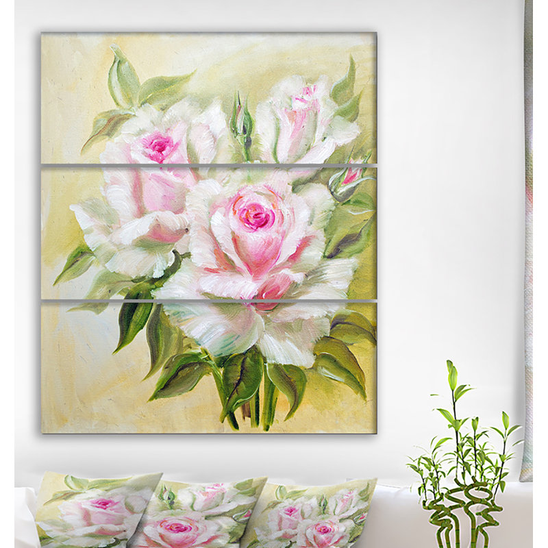 East Urban Home Three Pink Roses Oil Painting Print Multi Piece