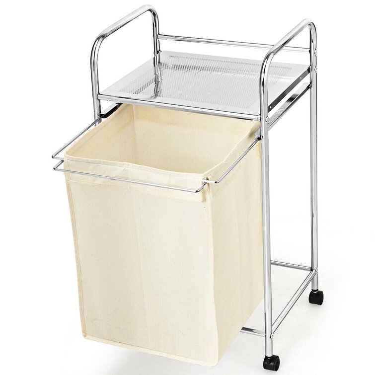 Basics Commercial Round Laundry Hamper Rolling Cart with Removable Basket Liner Beige