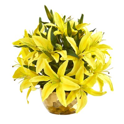 Artificial Lilies Floral Arrangement in Vase Wrought Studio™ Flower/Leaves Color: Yellow