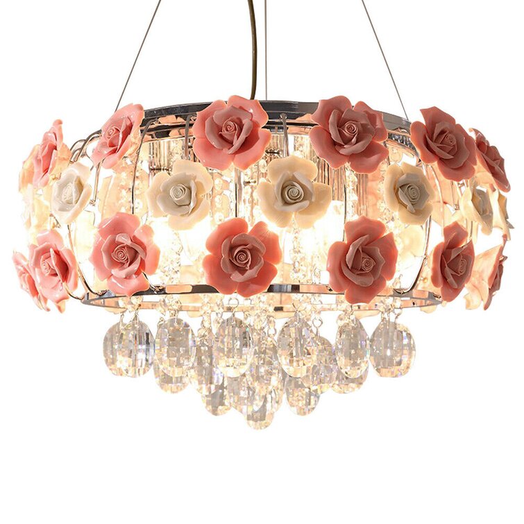 Romantic Ceramic Pink Rose Flower Chandelier Crystal Pendant Lamp Ceiling Light 