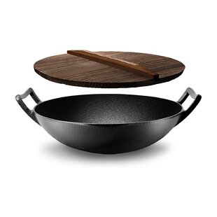 Wood Handle 12.6" Cast Iron Wok w/ Flat Base Large Cooking Surface Kitchen Grill 