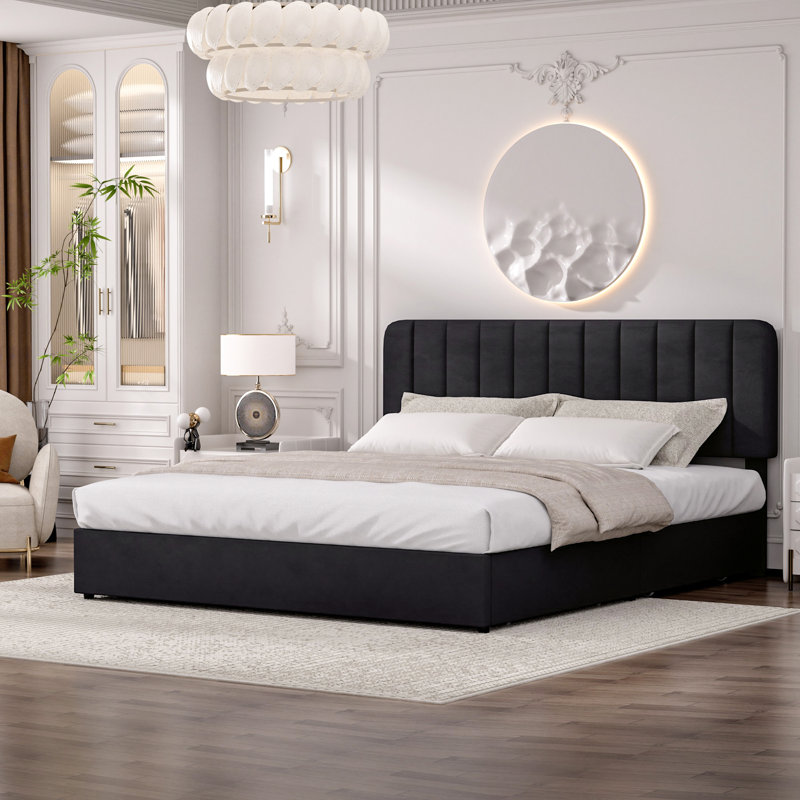 incomplete, Huntsville Bed Frame with 4 Storage Drawers Velvet Upholstered Platform Bed Adjustable Headboard Color: Black, Size: Full
