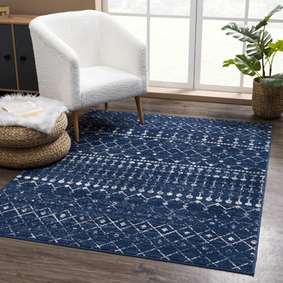 Dounia Transitional Performance Navy Blue/White Area Rug