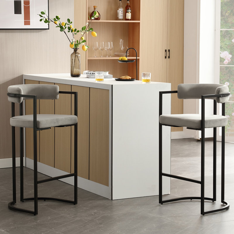 Modern Upholstered Hollow Bar Stool With Armrests And Footrests, Barrel High Stools Seat Height: Bar Stool (30" Seat Height), Seat Color/Frame Color: White Seat/Black Frame