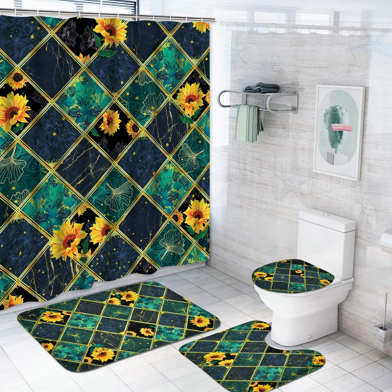 4PCS Shower Curtain Bathroom Rug Set Bath Mat Non-Slip Toilet Lid Cover Sets