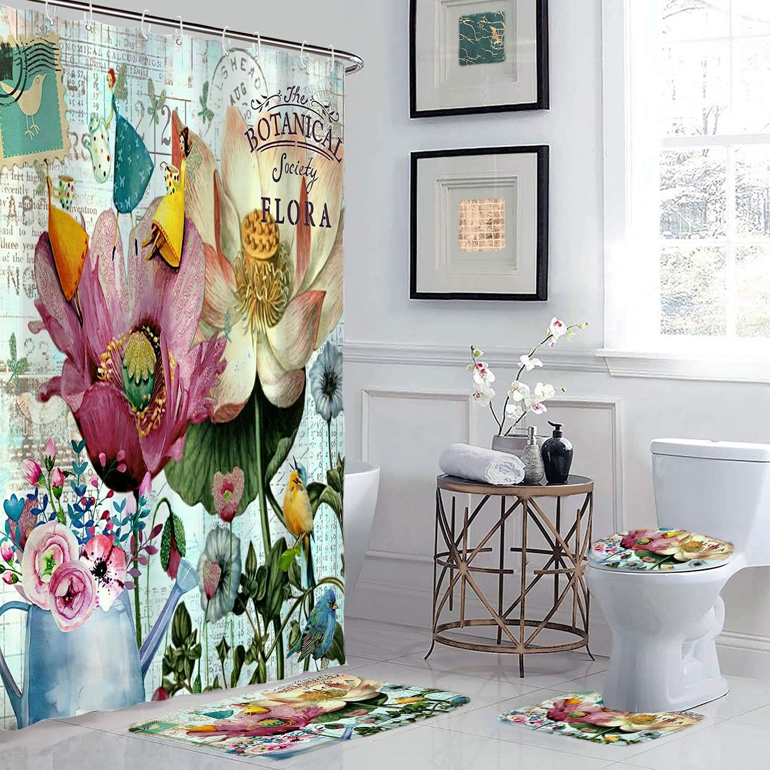 Toilet Lid Cover,Colorful 3 Piece Bath Rugs Sets,Watercolor Lotus Floral Plant Art Non Slip Bathroom Carpet Water Absorbent U-Shaped Toilet Mat 