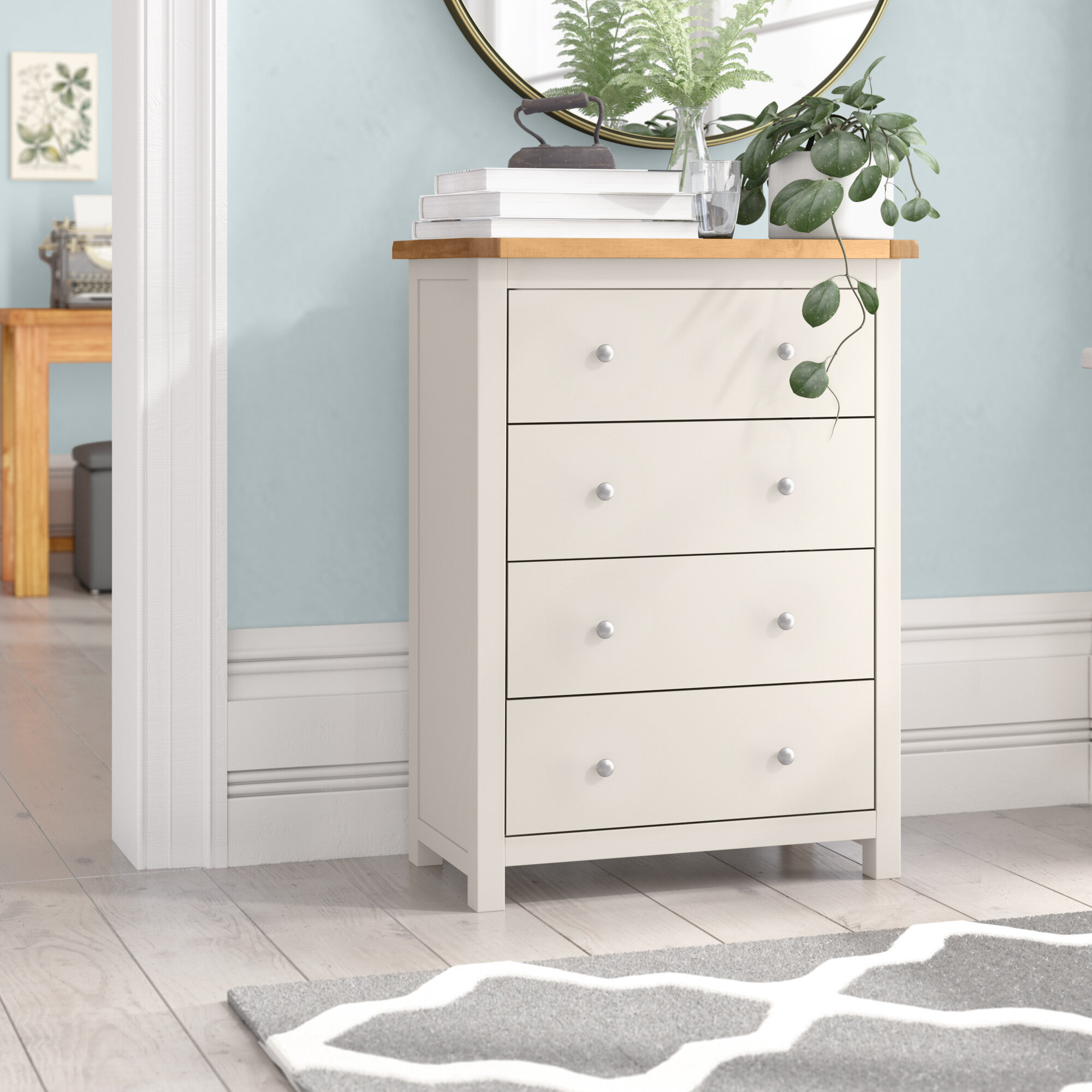 Living Room or Hallway Roseland Furniture Painted Solid Wooden Cupboard for Dining Room Cheltenham Blue Small Sideboard Storage Cabinet with 2 Drawers Fully Assembled