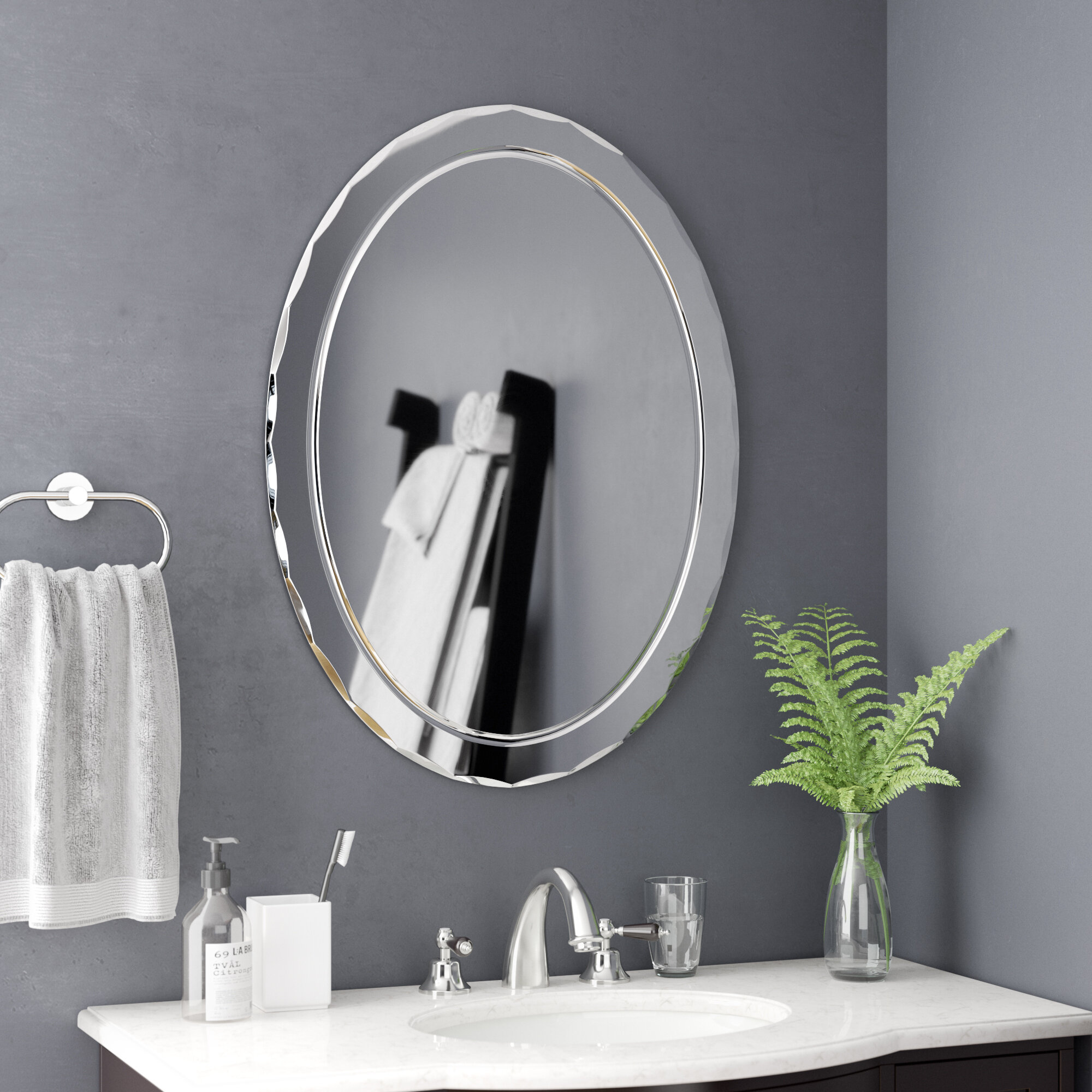 New Oval Frame Bathroom Vanity Wall Mirror with Elegant Crystal Look Border 