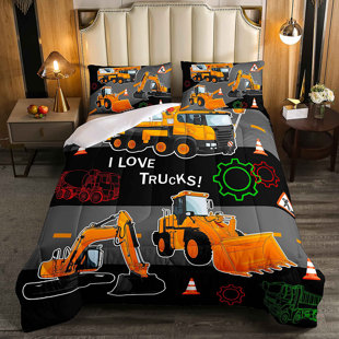 Ambesonne Construction Duvet Cover Set Queen Size Teal Orange Style Vehicles and Heavy Equipment Forklift Earthmover Excavator Mixer Decorative 3 Piece Bedding Set with 2 Pillow Shams