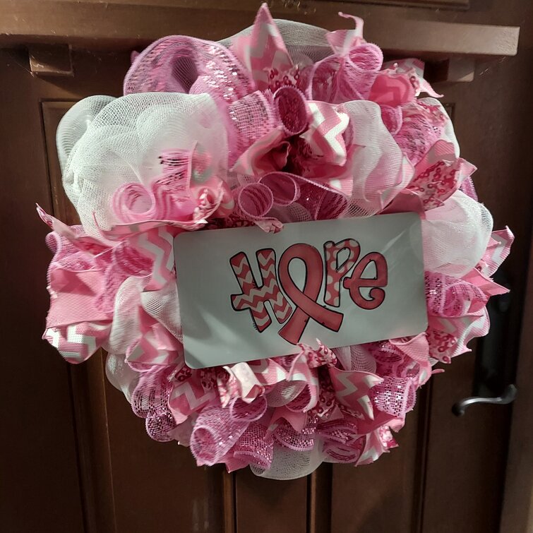 Pink Breast Cancer Awareness Deco Mesh and Ribbon Wreath