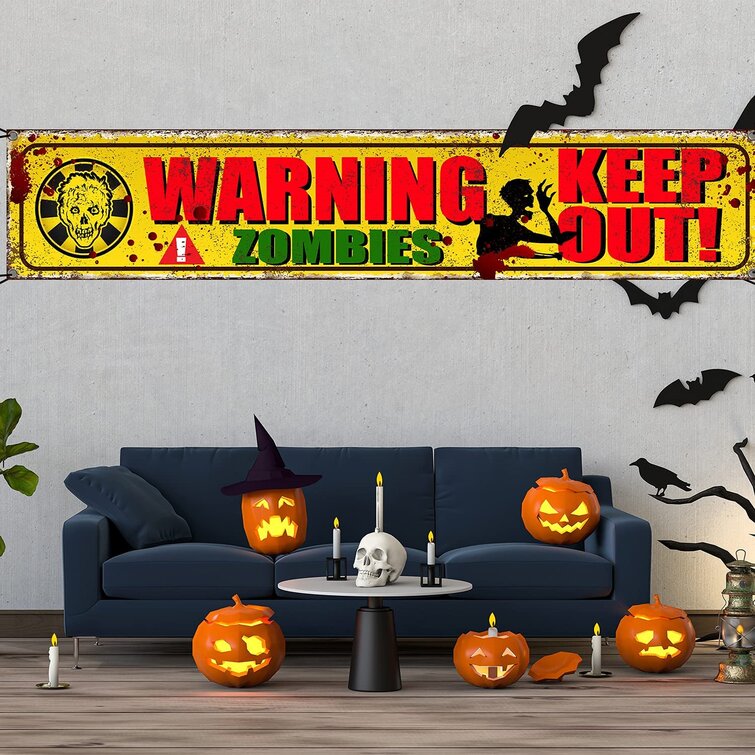 Happy Halloween Banner Halloween Party Decorations Scary Zombies Yard Sign Banner Warning Zombies Banner Keep Out Yard Backdrop Yellow Warning Banner 
