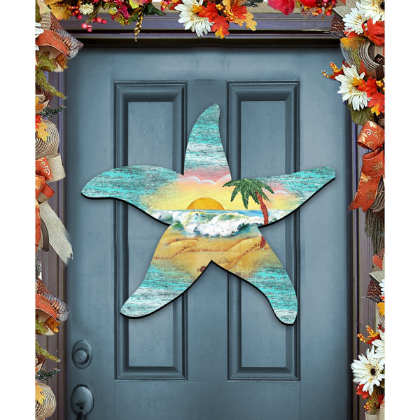 Designocracy Starfish Scenic Beach Sunrise Wooden Decorative Door