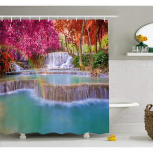 Waterfall Rain Forest in Vietnam Laos with Asian Trees Side of River Image Shower Curtain Set