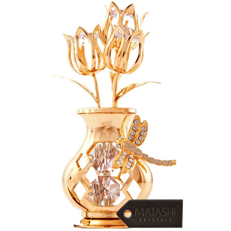 Matashi 24K Gold Plated Red Crystal Flower in Vase Ornament With Dragonfly Gift