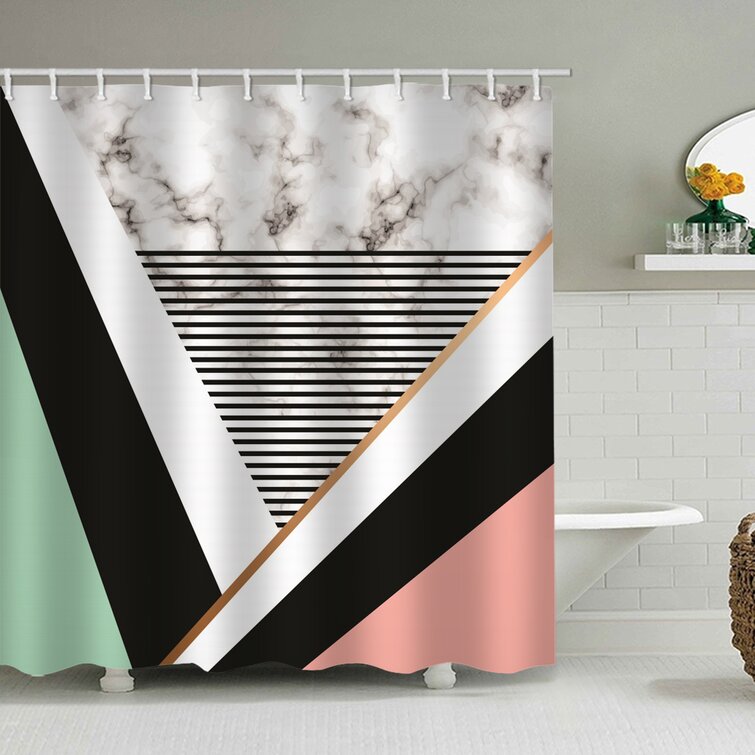 Pink Geometric Marble Texture Bathroom Waterproof Shower Curtain & 12 Hooks Sets 