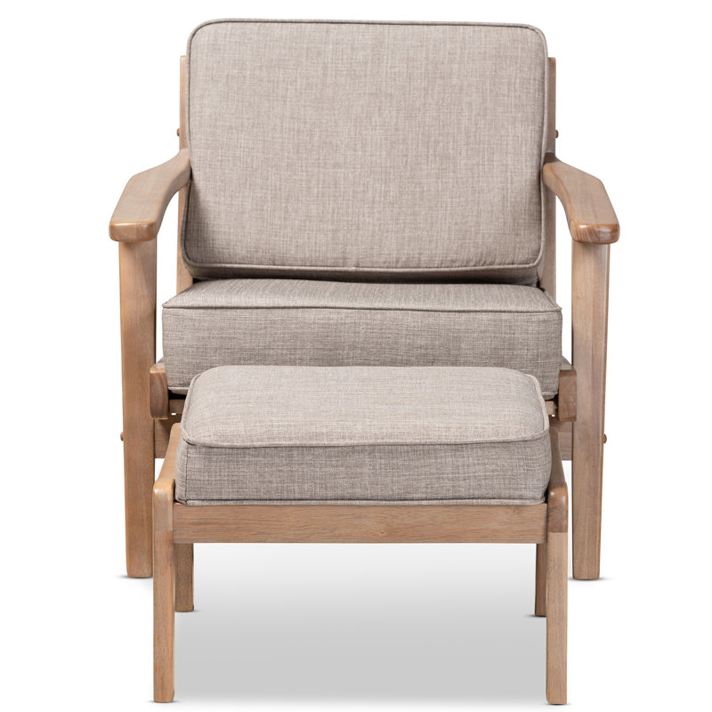 Mercury Row Adal Mid Century Modern Light Grey Fabric Upholstered Antique Oak Finished 2 Piece Wood Armchair And Ottoman Set Wayfair