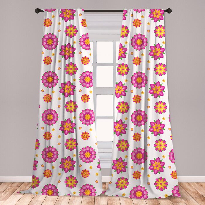 Ambesonne Orange And Pink 2 Panel Curtain Set Ornamental Flowers With Blooming Petals Spring Season Theme Lightweight Window Treatment Living Room