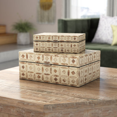 Juliette 2 Piece Mother of Pearl Handmade Box with Hinged Lid Set, 12", 8"W