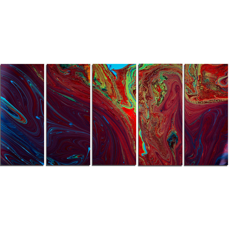 Designart Dark Red Abstract Acrylic Paint Mix 5 Piece Graphic Art