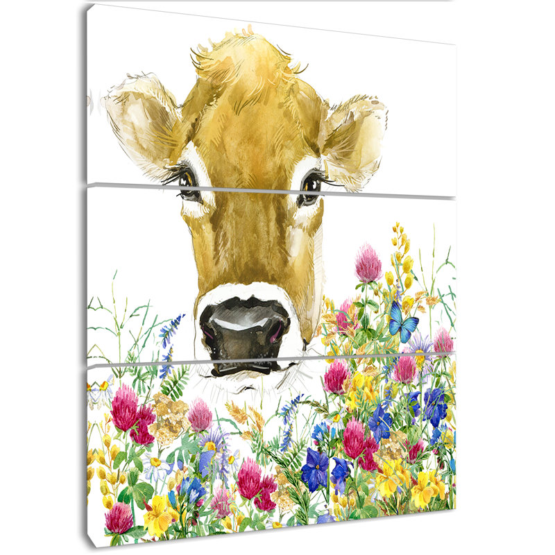 East Urban Home Cow In Colorful Flowers Oil Painting Print Multi