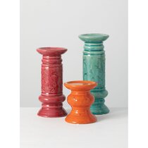 Colorful Candlestick Candle Holder by Inez '96  Brightly Painted Wood   10 5/8" 