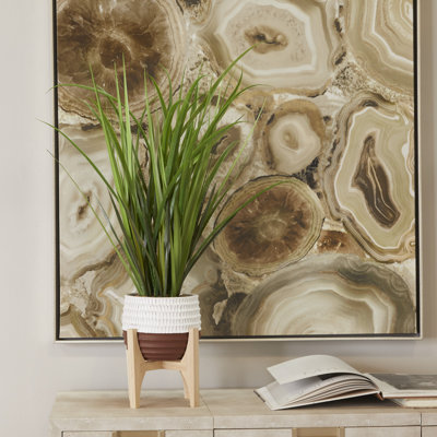 Faux Foliage Tall Grass Artificial Plant with Realistic Leaves and Porcelain Pot on Wooden Stand
