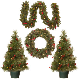 4 piece green pine artificial christmas tree wreath and garland set - Pre Lit Outdoor Christmas Trees 4 piece green pine artificial christmas tree wreath and garland set - Pre Lit Outdoor Christmas Trees