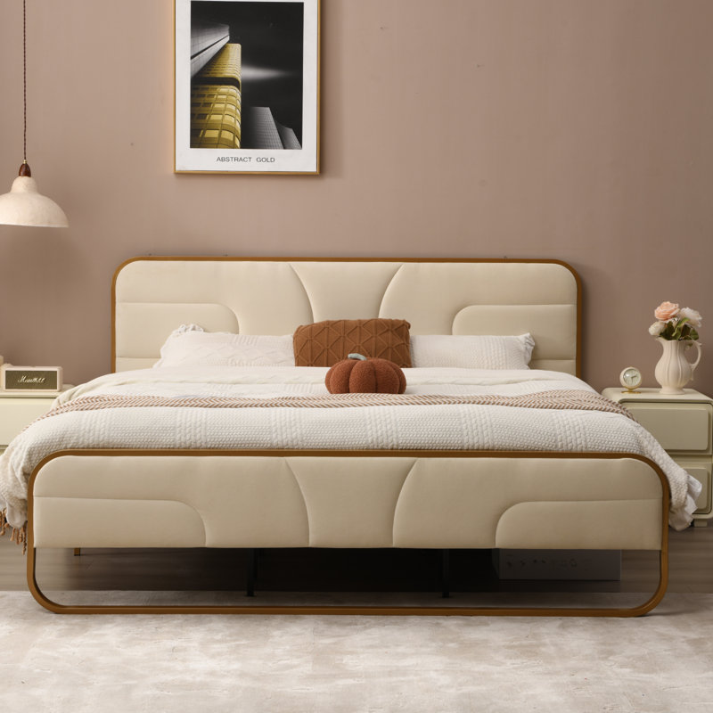 (incomplete)Nelsie Upholstered Platform Bed with Velvet Tufted Headboard Color: Beige, Size: King