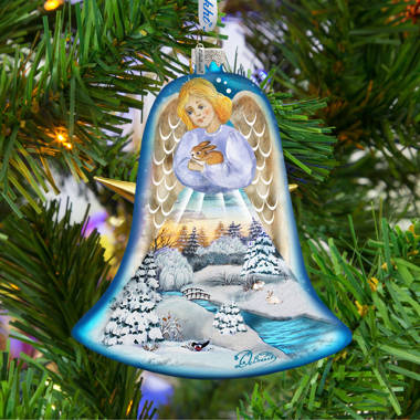 New DeBrekht WINTER  ANGEL w/RABBIT BELL Scenic Glass Ornament 4.25" 