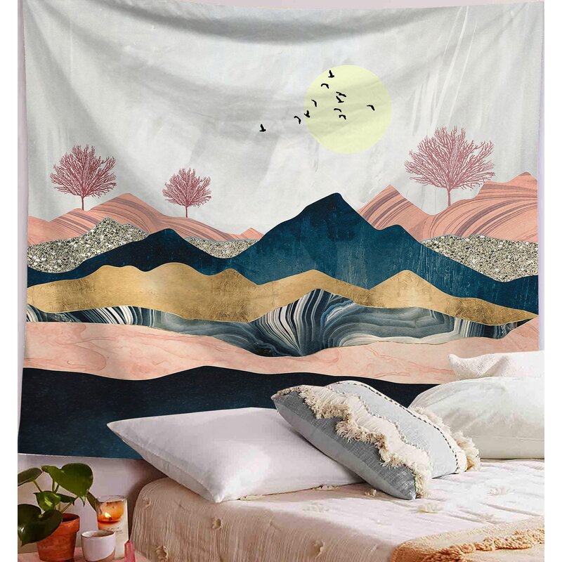 Sunset Mountain and Forrest Polyester Tapestry with Hanging