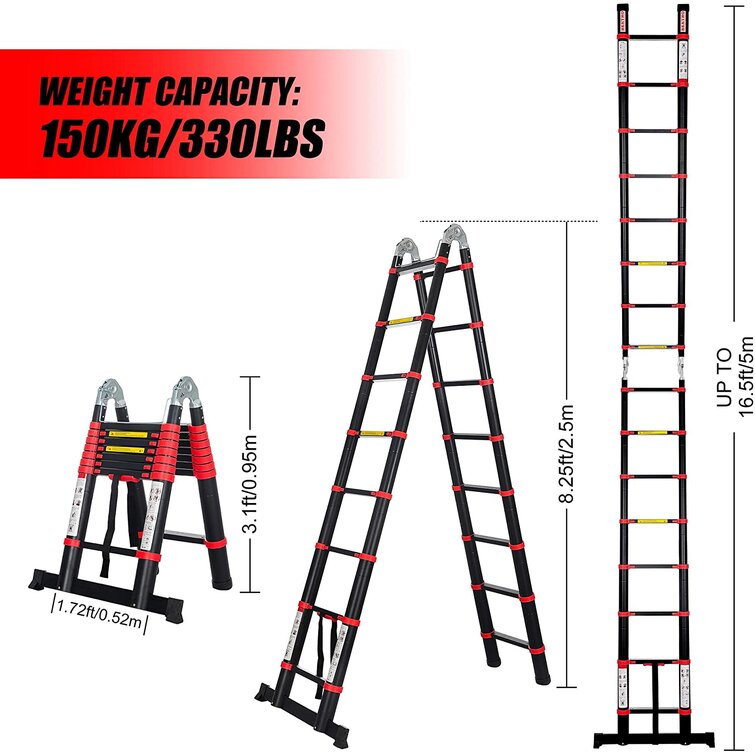 Aluminum 12.5FT Telescoping Ladder Simple Wall Ladder Quick Button Retraction Slow Down Protective Design 300LBS Capacity Telescopic Extension Ladder with Locking Mechanism for Home