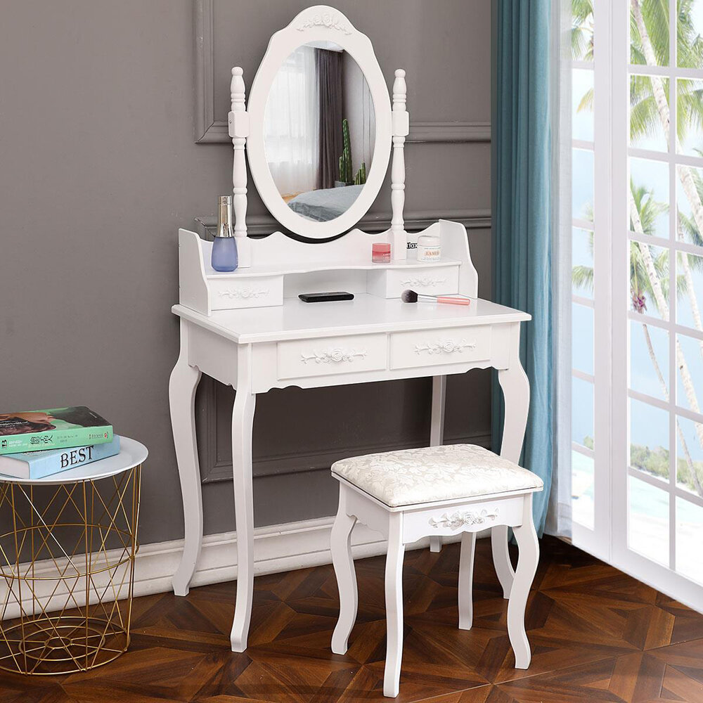 wooden vanity set with stool