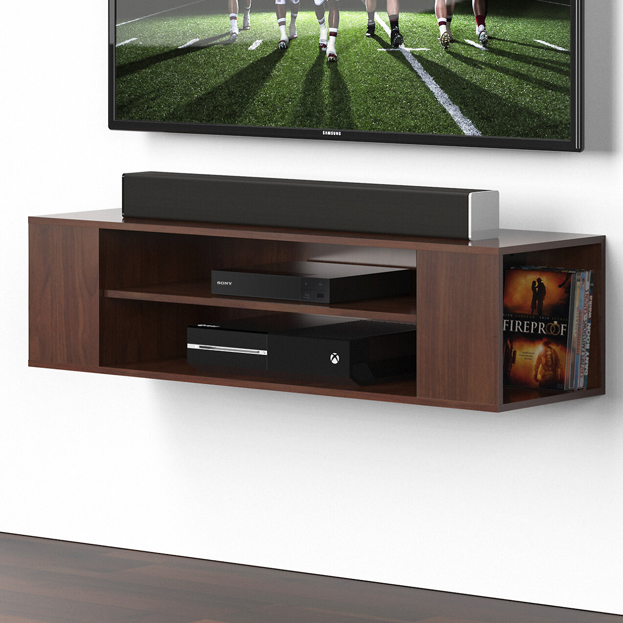 Fitueyes Wood Floating Shelves Wall Mount TV Stand Media Console For LCD Brown 