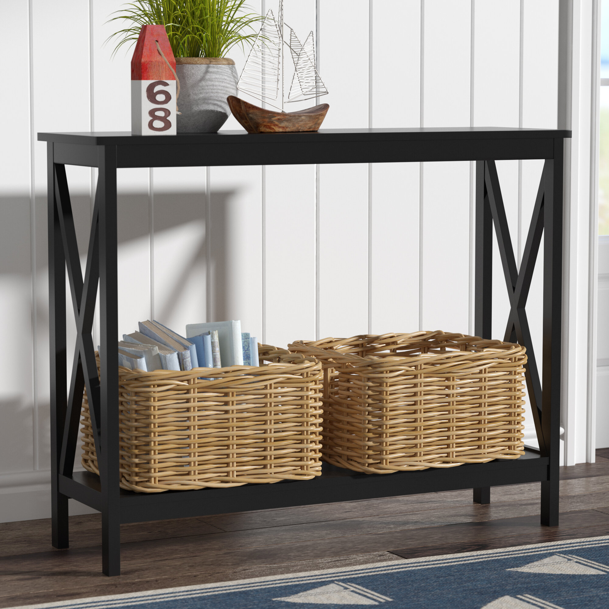 2 Tiers Black Console Table Accent Tables with Storage Shelf Hallway Furniture 
