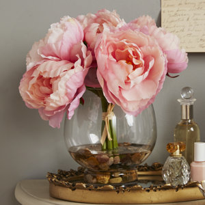 Peonies in a Glass Vase with River Rocks and Faux Water