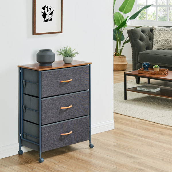 2 Tier 5 Drawers Fabric Storage Organizer Dresser Night Stand with MDF Board Drawer Bottom Wooden Tabletop Sturdy Steel Frame Easy Pull Fabric Bins Organizer Unit for Bedroom Hallway Entryway Closets