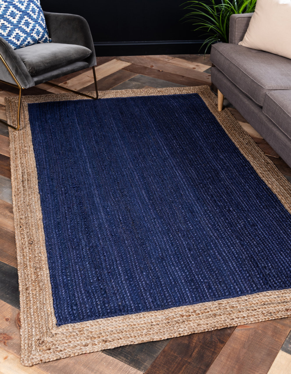 Everhart Handmade Braided Jute Sisal Navy Blue Beige Area Rug Everhart Handmade Braided Jute Sisal