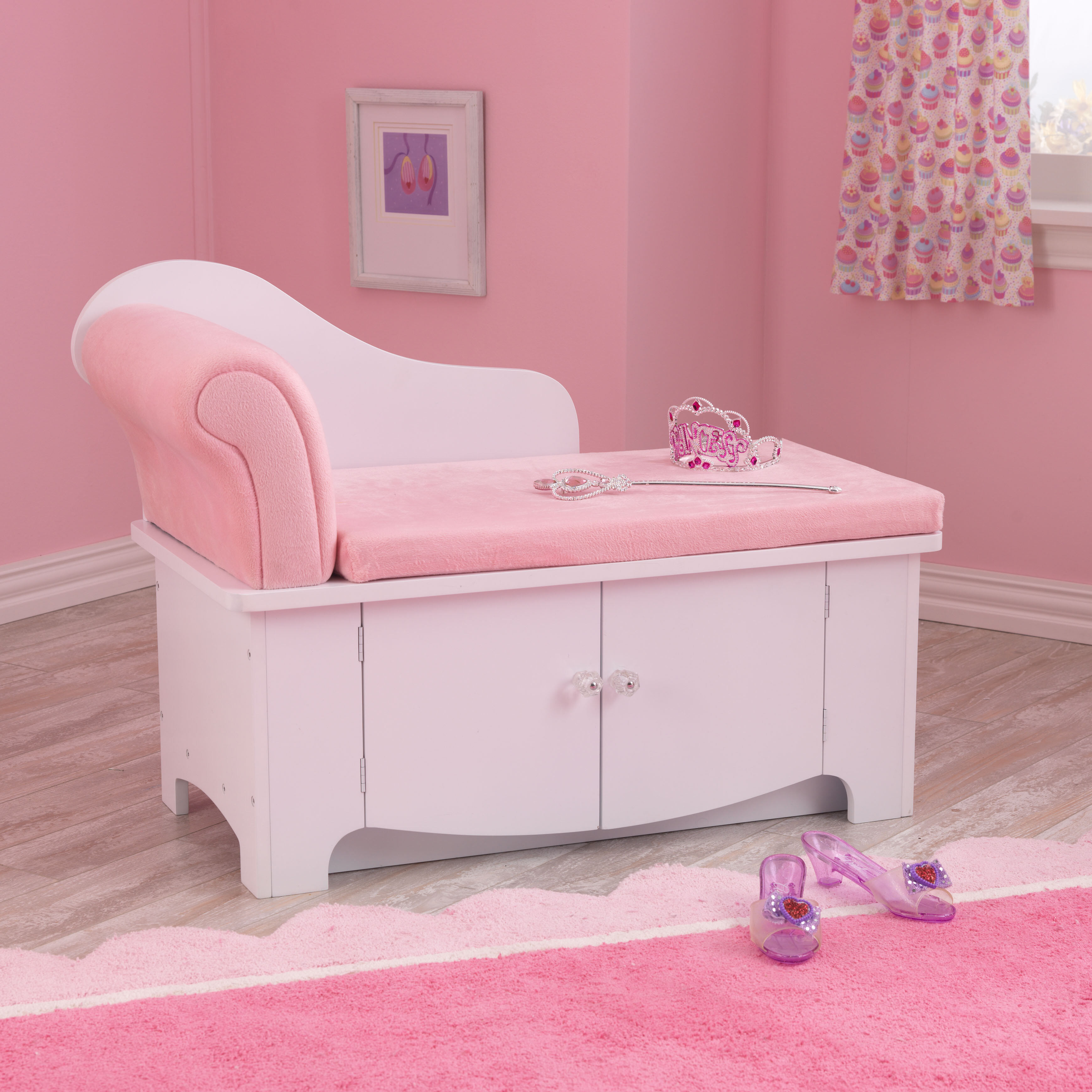 Girl Room Furniture Princess Storage Bench w Cushion Kid Bedroom Playroom Decor 