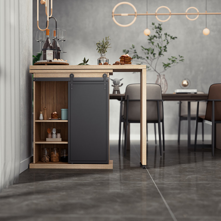 Sliding Barn Door Coffee Bar Cabinet With Rotating Table