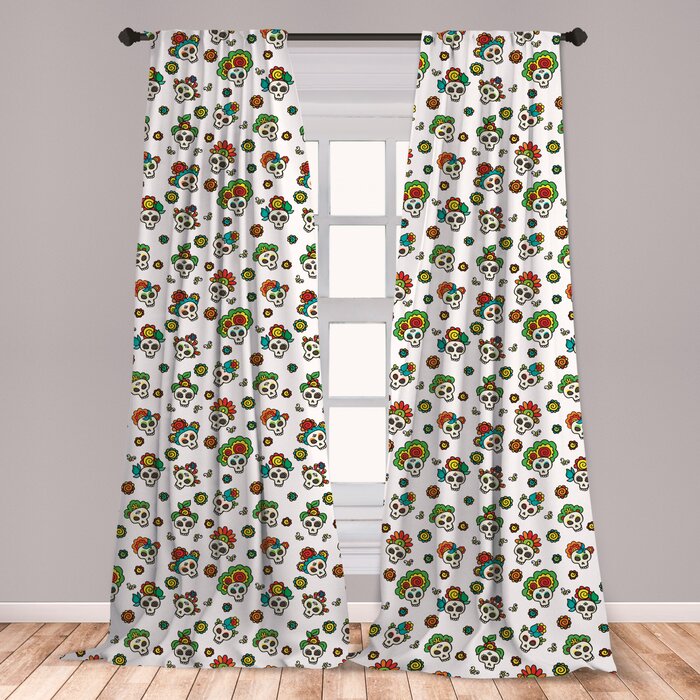 Ambesonne Mexican 2 Panel Curtain Set Traditional Day Of The Dead Inspired Sugar Skulls With Colorful Flowers Lightweight Window Treatment Living