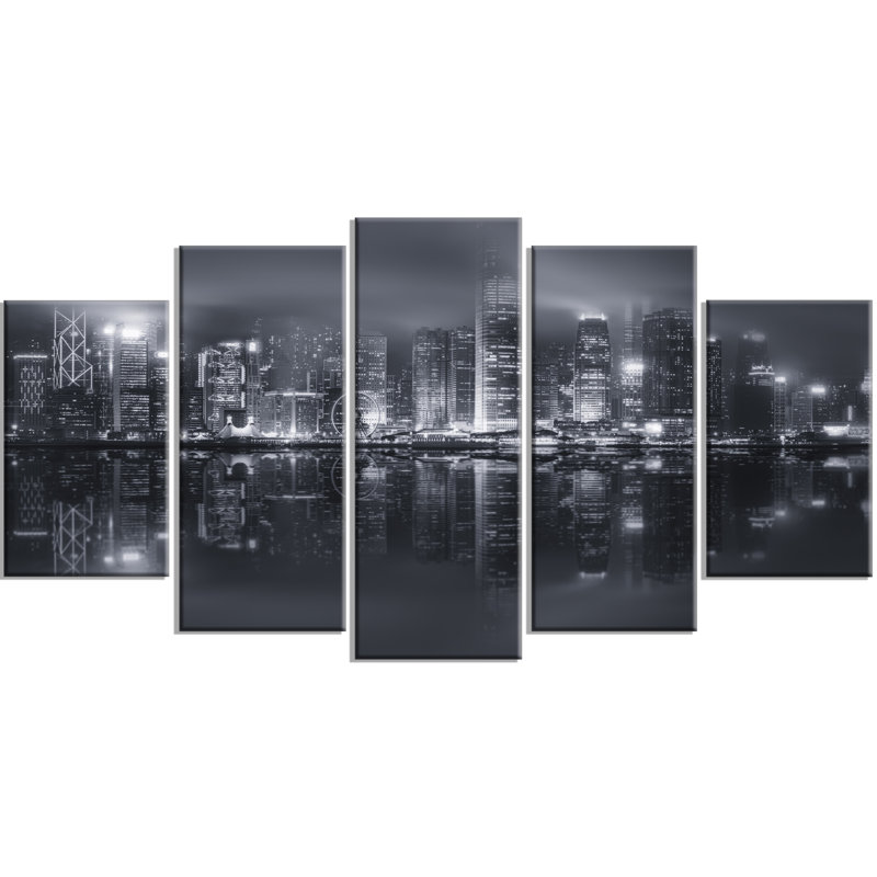 Designart Hong Kong Black And White Skyline 5 Piece Wall Art On Hong Kong Black And White Skyline 5 Piece Wall Art On Wred Canvas Set