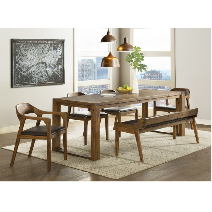 Bourgoin 6 Piece Drop Leaf Solid Wood Dining Set With Bench 4 Arm Chairs