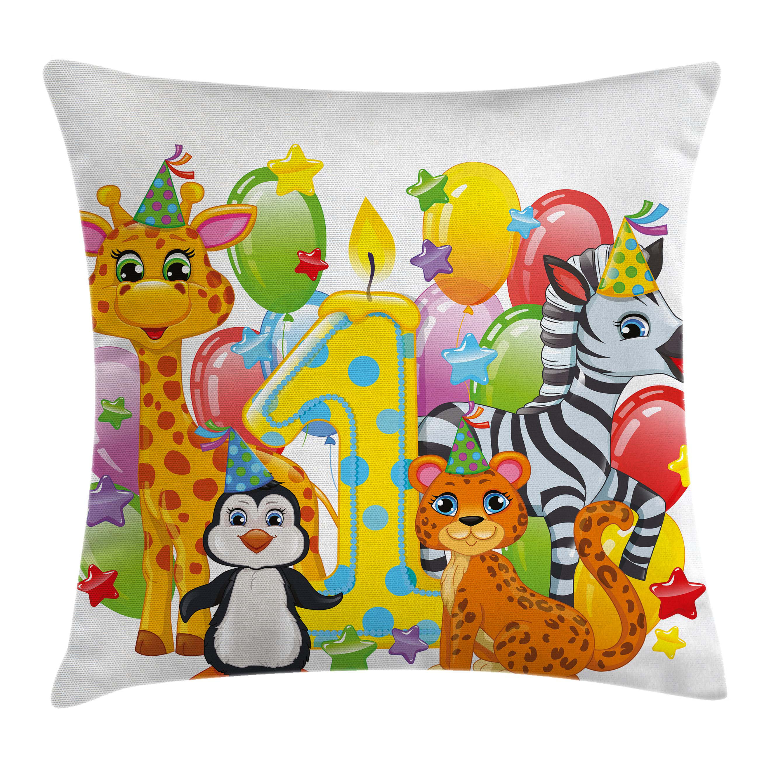 Ambesonne Colorful Safari Animal Birthday Square Pillow Cover