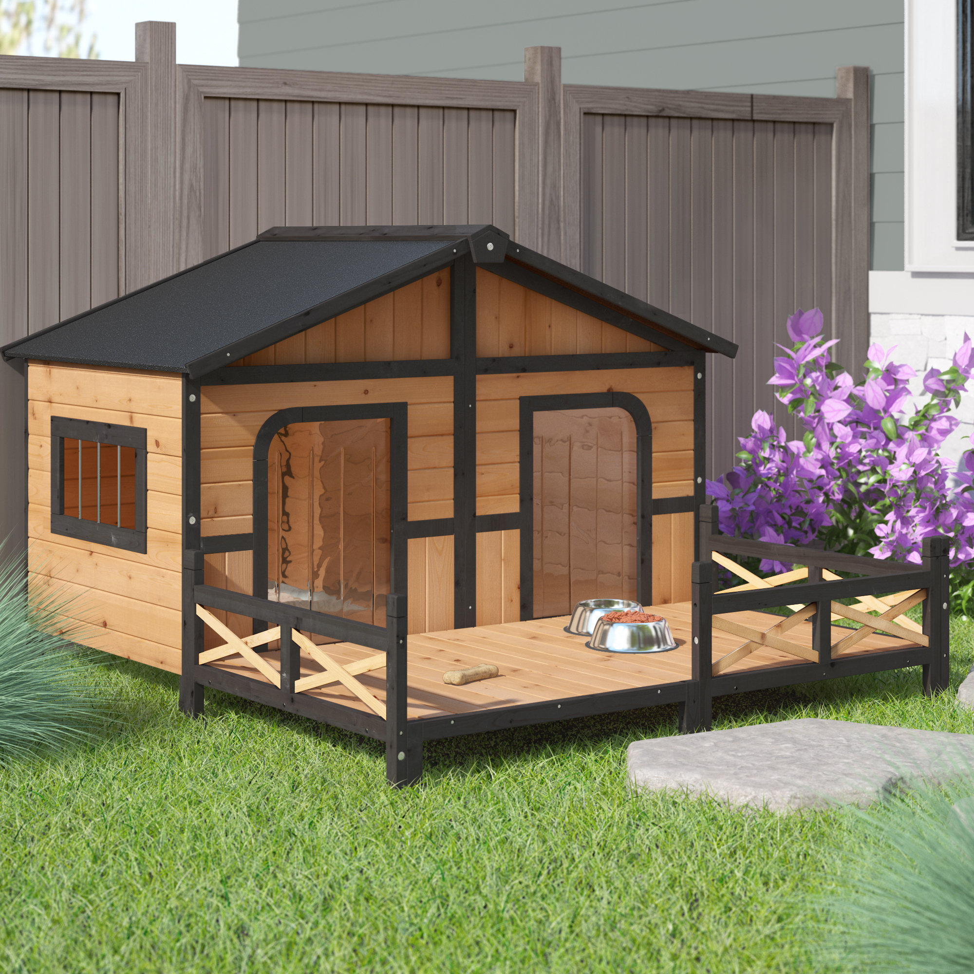 dog house with fenced porch